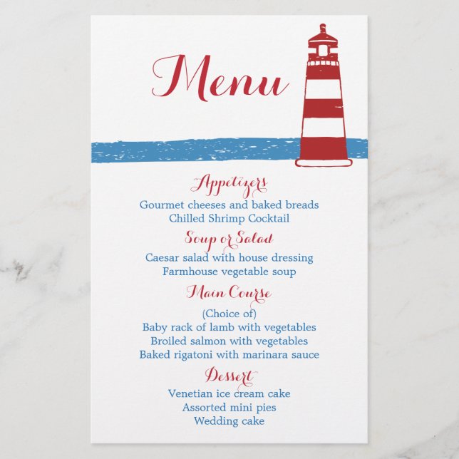 Menu Mariage Nautical Red Lighthouse Blue Stripes (Devant)