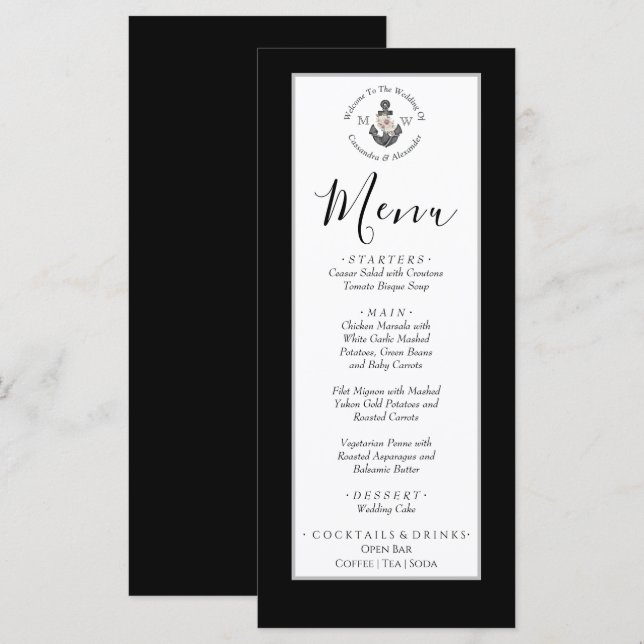 Menu Mariage nautique Ancre florale noir et blanc (Devant / Derrière)