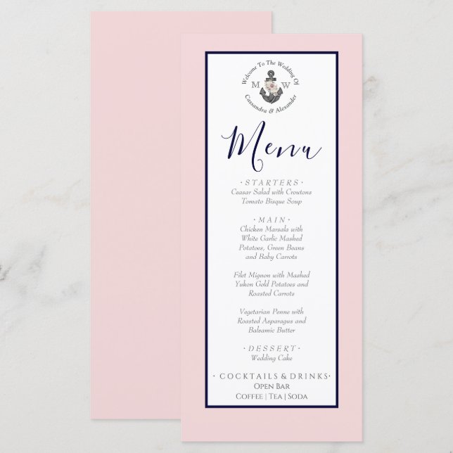 Menu Mariage nautique Ancre florale rose marine gris (Devant / Derrière)