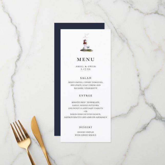 Menu Mariage nautique du phare d'aquarelle (Devant/Arrière en situation)