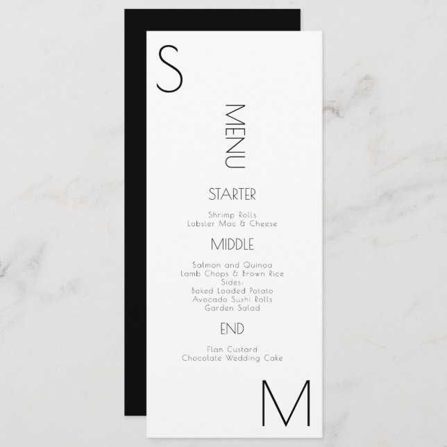 Menu Mariage noir blanc en angle monographique (Devant / Derrière)