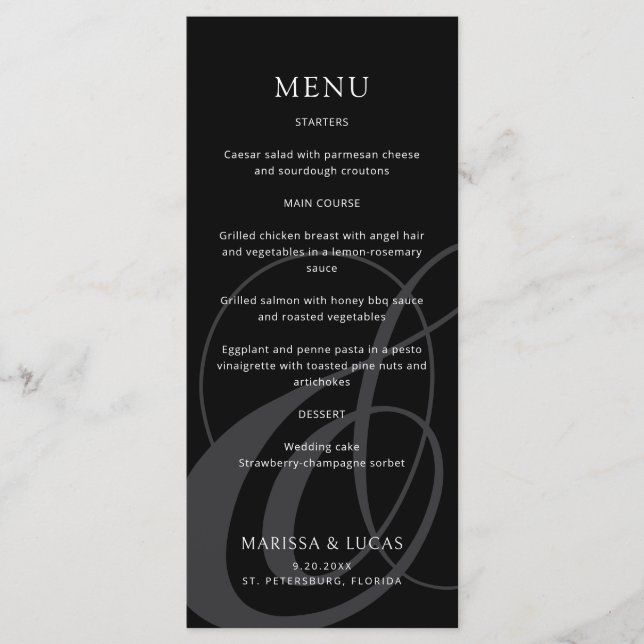 Menu Mariage noir blanc et noir de script moderne (Devant)