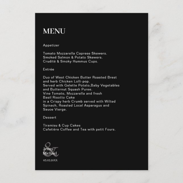 Menu Mariage noir blanc moderne (Devant)
