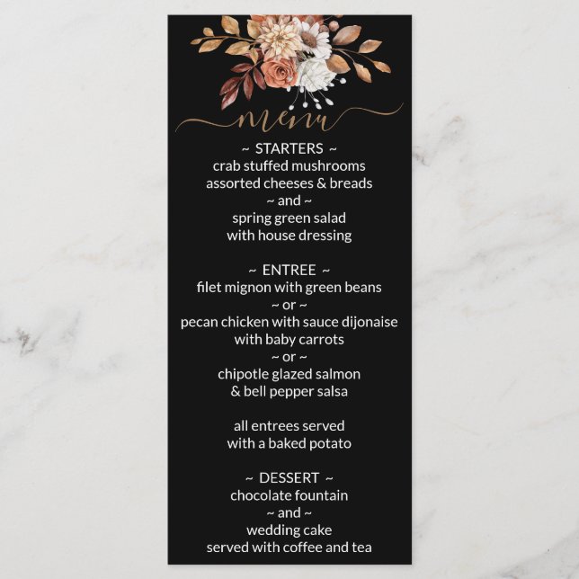 Menu Mariage noir bouquet floral automne (Devant)