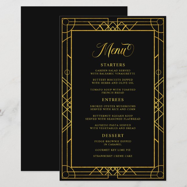 Menu Mariage noir cadre d'or géométrique antique (Devant / Derrière)