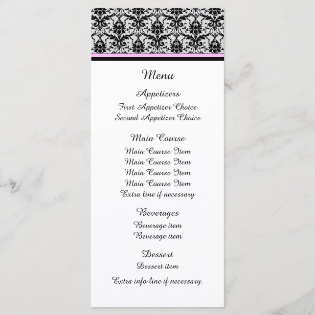 Menu Mariage noir Damask rose (Devant)