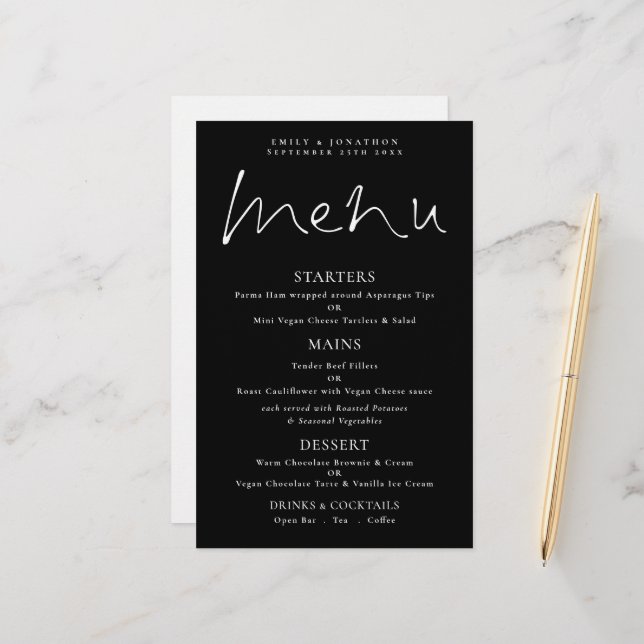 Menu Mariage noir de script blanc à budget élégant (Devant/Arrière en situation)