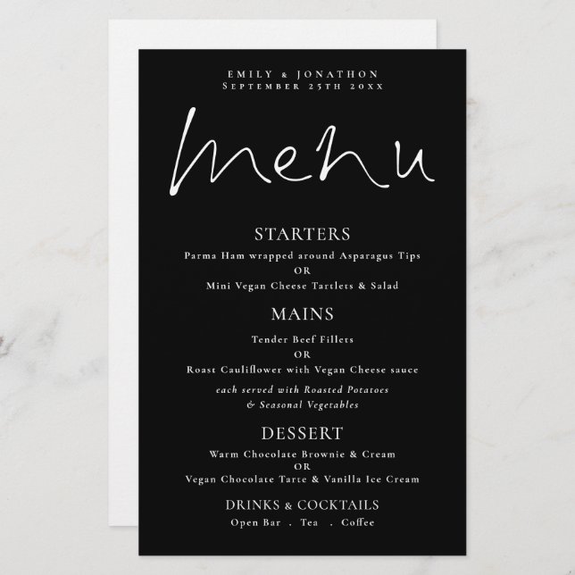 Menu Mariage noir de script blanc à budget élégant (Devant / Derrière)