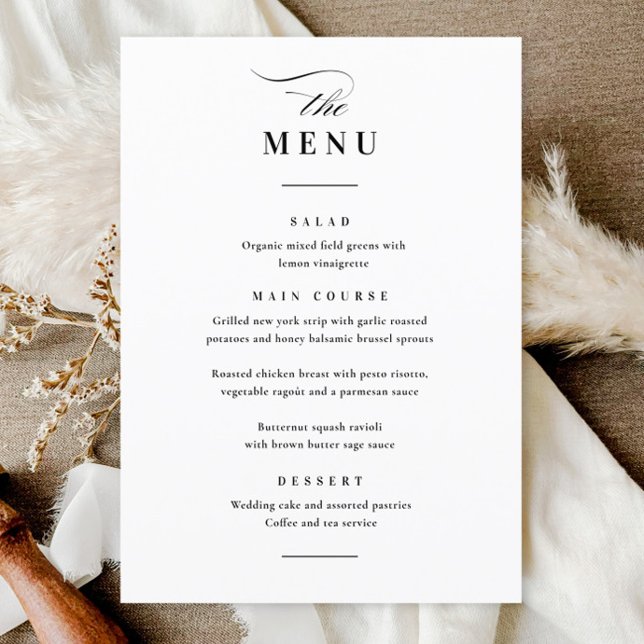 Menu Mariage noir et blanc classique (Elegant simple black and white wedding menu.)
