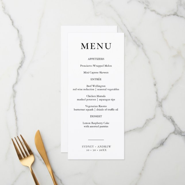 Menu Mariage noir et blanc moderne (Devant/Arrière en situation)