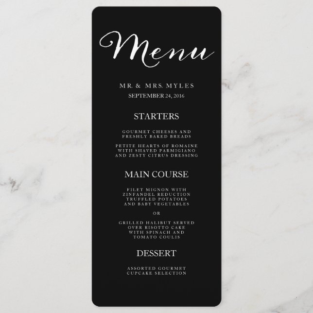 Menu Mariage noir et blanc simple et élégant (Devant)