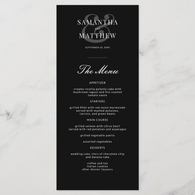 Menu Mariage officiel noir simple et élégant (Devant)