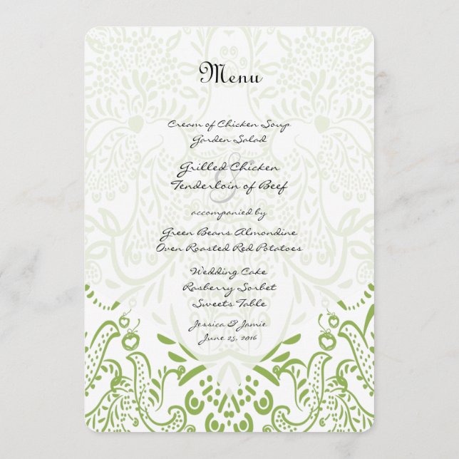 Menu Mariage Oiseau Whimsical Vert Pomme (Dos)