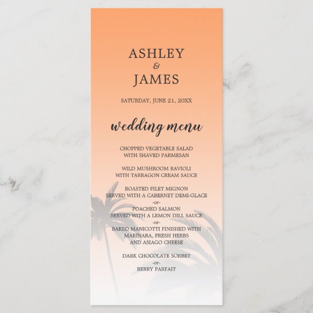 Menu Mariage Orange Tropical Palm Tree Beach (Devant)