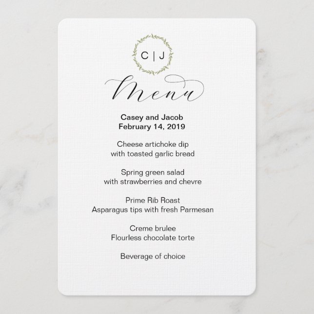 Menu Mariage ou Événement Initiales Monogrammes (Devant)