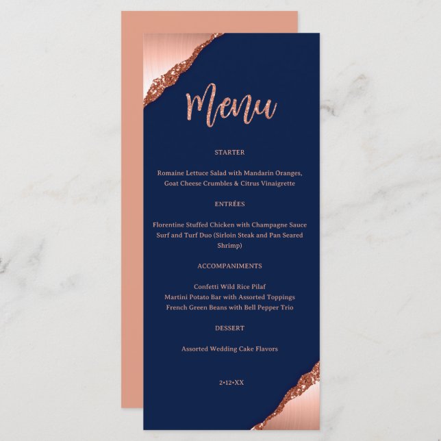 Menu Mariage Parties scintillant bleu et corail (Devant / Derrière)