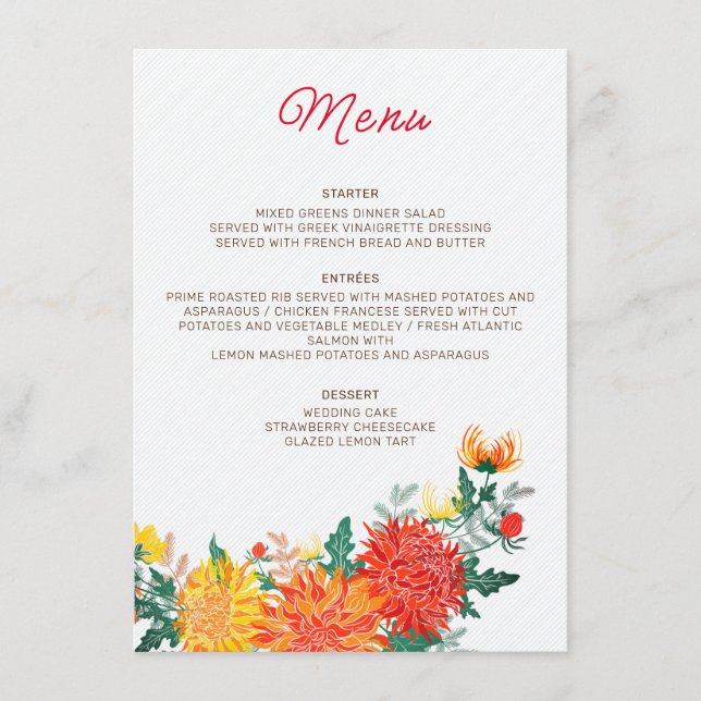 Menu Mariage Pastel Orange Yellow Spring Dahlia Fleurs (Devant)