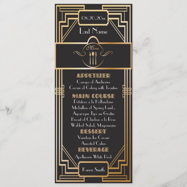Menu Mariage personnalisé - Art Déco noir et or Gatsby (Devant)