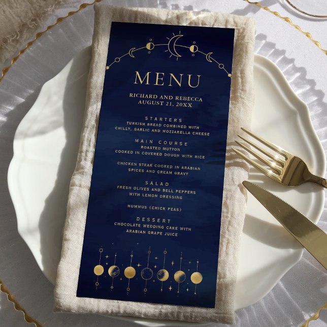 Menu Mariage Phases du croissant d'or bleu céleste (Créateur téléchargé)