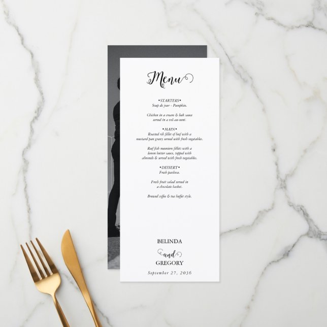 Menu Mariage photo moderne en noir et blanc (Devant/Arrière en situation)