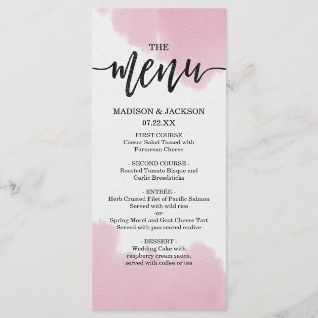 Menu Mariage Pinceau d'aquarelle rose pâle (Devant)