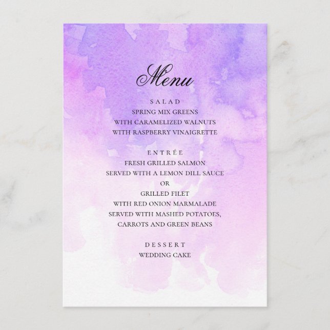 Menu Mariage pourpre aquarelle. lavande romantique (Devant)