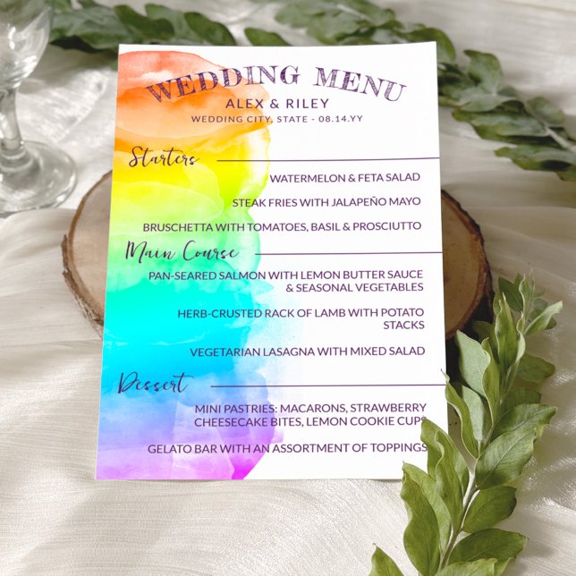 Menu Mariage Rainbow Watercolor Splash LGBTQ (Créateur téléchargé)
