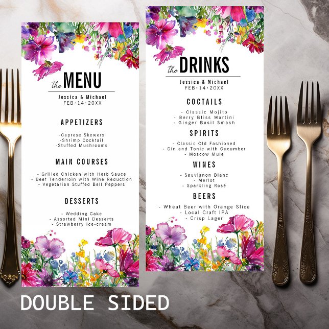 MENU mariage recto verso & BOISSONS Fleur de prair (2-sided wedding MENU & DRINKS Meadow Bloom part of big wedding stationary collection.)