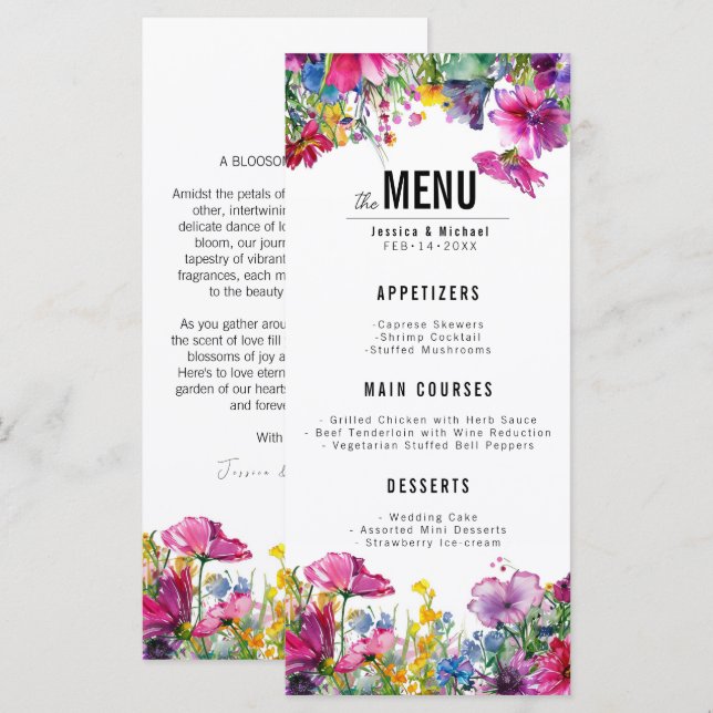 Menu mariage recto verso Collection Fleur de prair (Devant / Derrière)