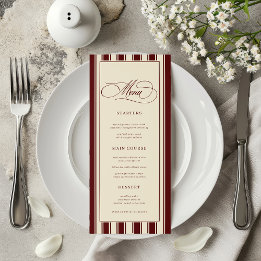 Menu Mariage Rétro avec Bordure Rayée Ivoire & Bourgogn