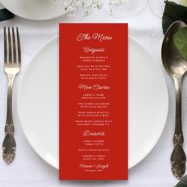 Menu Mariage rétro rouge et blanc (Retro red and white wedding menu adds vintage charm and a memorable dining touch.)