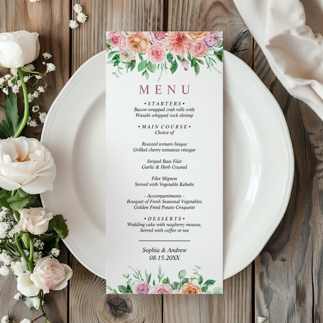Menu Mariage Romantique Rose & Fleurs violettes (Créateur téléchargé)