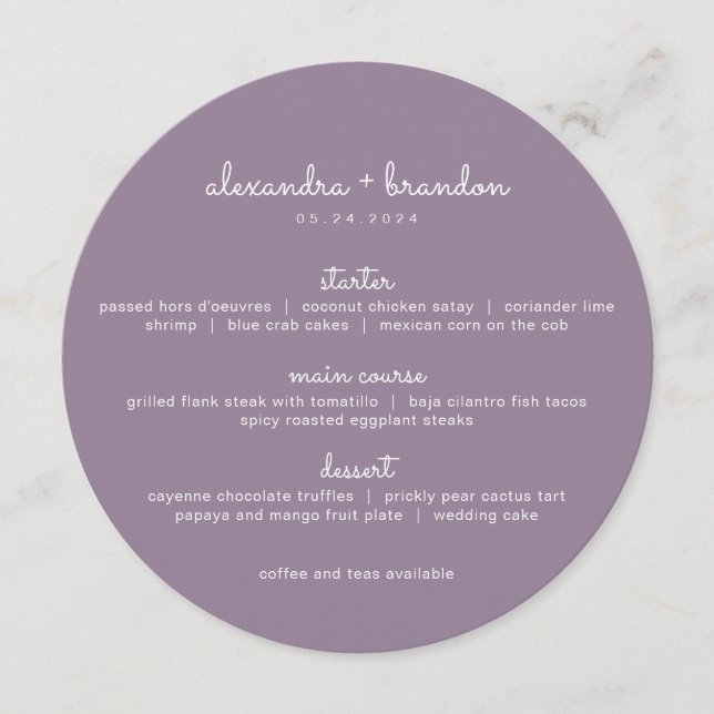 Menu Mariage rond Lilac simple Dusty (Devant)
