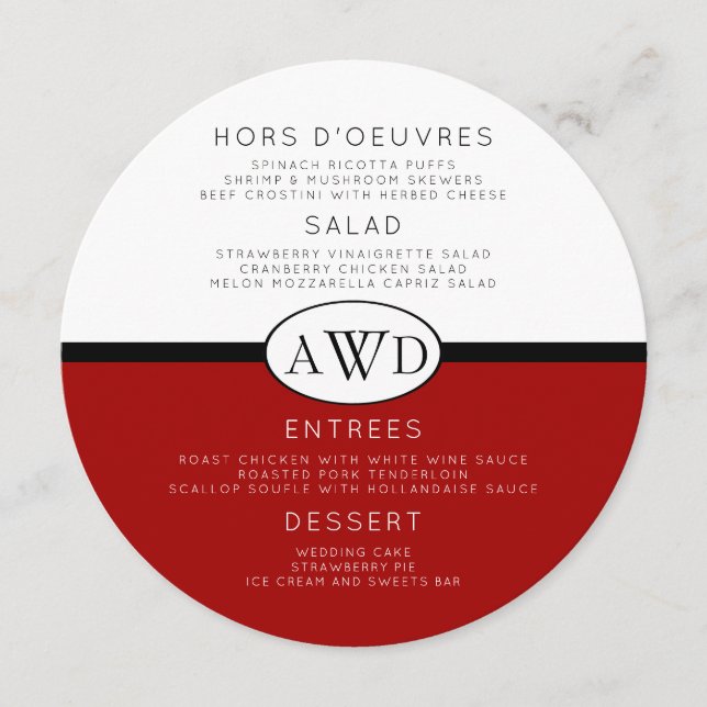 Menu Mariage rond Monogramme Modèle Rouge Noir (Devant)