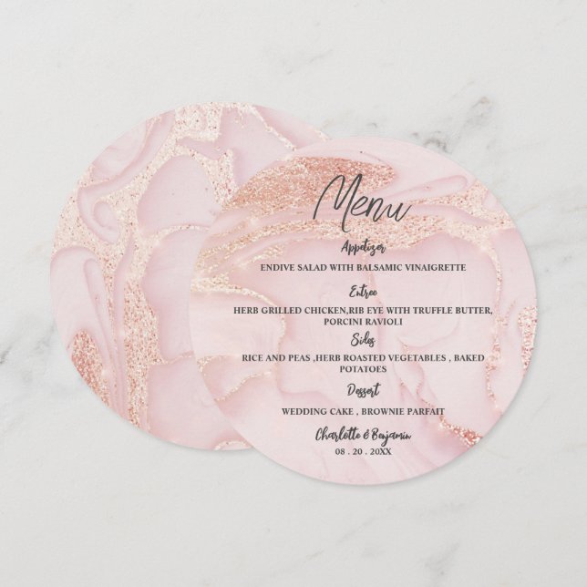 Menu Mariage rond rose Parties scintillant rose or (Devant / Derrière)