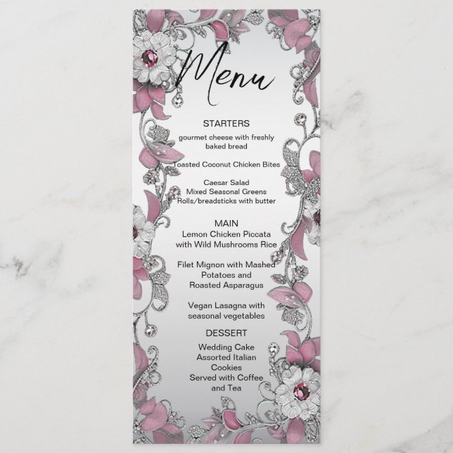 Menu Mariage Rose Argent Blanc Floral (Devant)