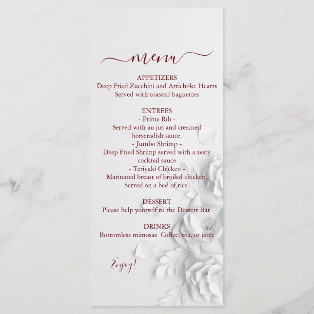 Menu Mariage Rose double floral (Devant)