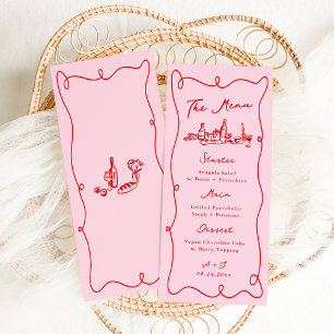 Menu Mariage Rose et Rouge Dessiné à la Main de Manière