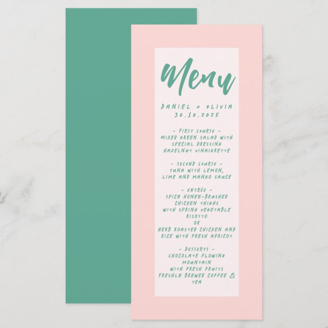 Menu Mariage rose et vert ondulé (Devant / Derrière)