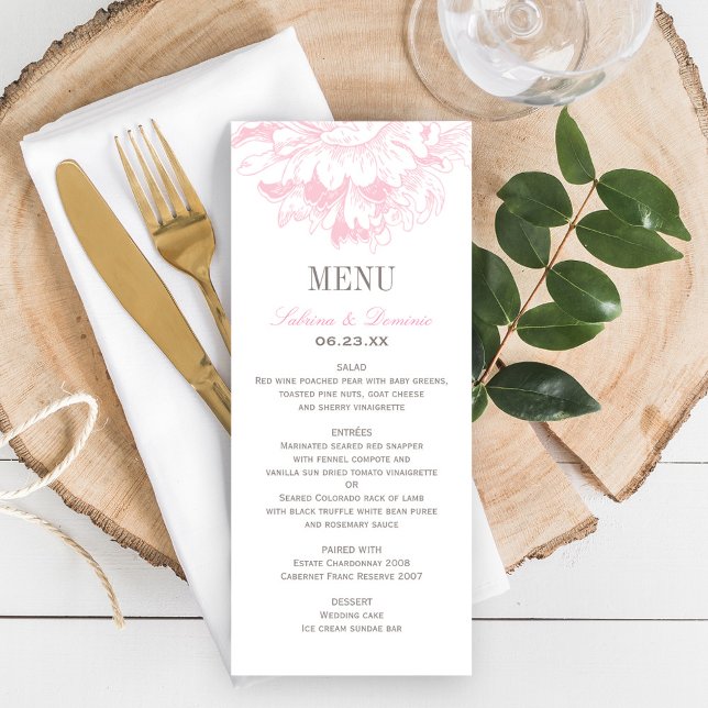 Menu Mariage Rose Gris Fleur de Pivoine Mariage Dîner (Créateur téléchargé)