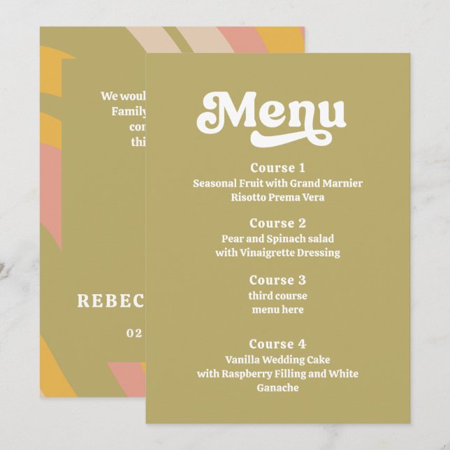 Menu Mariage rose vert les années 70 Super rétros (Devant / Derrière)