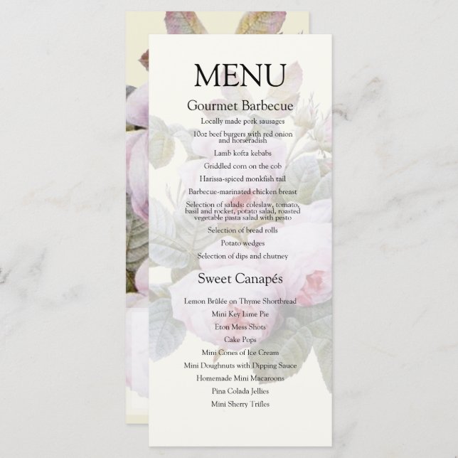 Menu Mariage Rose vintage (Devant / Derrière)