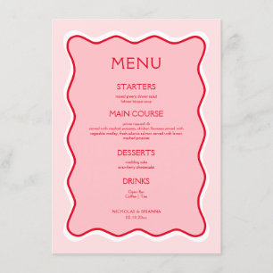 Menu Mariage rouge et rose de trame rétro