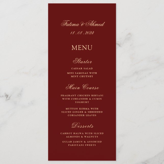 Menu Mariage rouge vierge de Bourgogne musulmane (Devant)