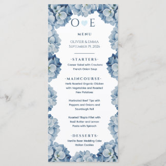 Menu Mariage Ruban d'Hydrangea Bleu Élégant