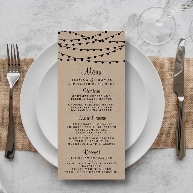 Menu Mariage Rustique Kraft String Lights (Créateur téléchargé)