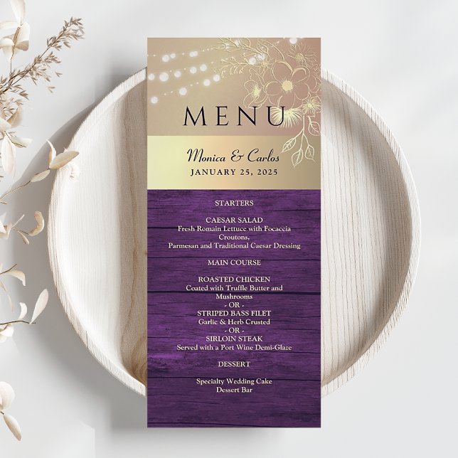 Menu Mariage rustique violet et or (Créateur téléchargé)
