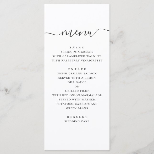Menu Mariage simple et moderne. Script noir et blanc (Devant)