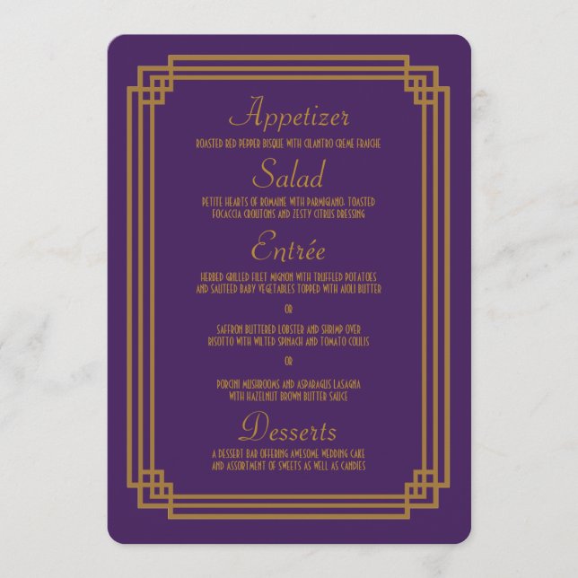 Menu Mariage Simple violet Art déco (Devant)
