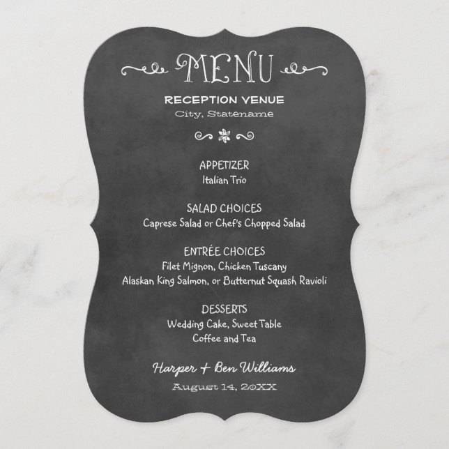 Menu Mariage Souper Stylet Rustique sur Tableau Noir (Devant)